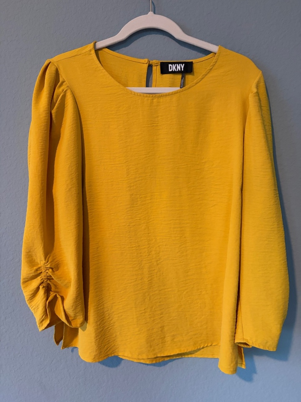 DKNY Mustard Yellow Puff Sleeve Round Neck Blouse